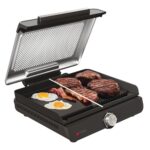 Ninja Sizzle Elektrogrill Indoor & Plancha (Flat Grill Plate) mit Antihaft-Grillplatte, abnehmbarer & spülmaschinenfester Deckel, Fettauffangbehälter, Temperaturregler & Rezeptbuch, Grau GR101EU