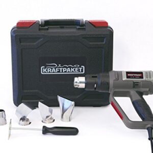 Dino KRAFTPAKET DIY Heißluftpistole 2000W (10 (3+7) Temperaturstufen: 50-600°C, Luft: 250-500L/min) , Heißluftgebläse mit Mica Heizelement, Heißluftfön mit Koffer Farbkratzer und Düsenaufsätze