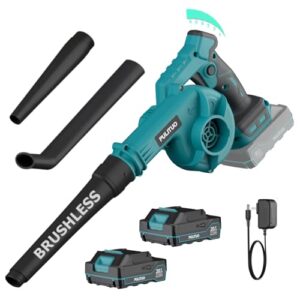 Laubbläser Akku für Makita 18V Akkus, mit bürstenlosem Motor, 2 Akkus & Ladegerät, 6-Gang, 257 km/h, leichtes kompaktes Gebläse mit 3 Aufsätzen für Laub Staub Garten Haushalt