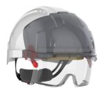 JSP EVO® VISTAlens Schutzhelm – Belüftet – Integriertes Klarsichtvisier (Smoke) – Drehradverschluss – EN397 & EN166 Zertifiziert – Weiß – (Modell: AMB170-005-F00)