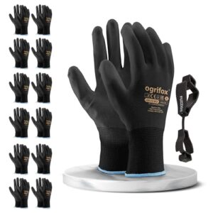FUZZIO 12 Paar Arbeitshandschuhe Herren Gr 8, Mechaniker Handschuhe, Gartenhandschuhe Herren, Arbeitshandschuhe Damen, Montagehandschuhe, Polyurethan Beschichtung mit Handschuhclip