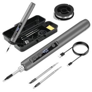 KKMOL Kabelloses Lötkolben Set, USB Akku Lötkolben mit LCD, Temperatur Einstellbare 180 ℃-450 ℃, 3 Lötspitzen, Lötdraht, Lötset für Reparatur des Schweißens - Grau