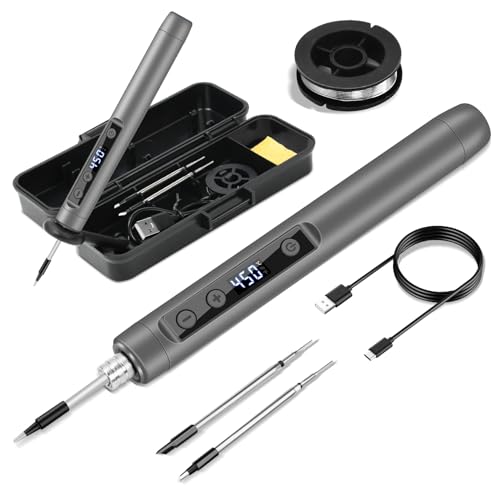 KKMOL Kabelloses Lötkolben Set, USB Akku Lötkolben mit LCD, Temperatur Einstellbare 180 ℃-450 ℃, 3 Lötspitzen, Lötdraht, Lötset für Reparatur des Schweißens - Grau