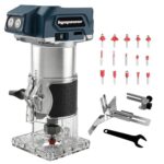 Bycpower Akku Oberfräse für Bosch 18V Akku, 30000 RPM Bürstenloser Motor, 5-Stufen Kantenfräse, Kabellose Holzfräse mit 6,35mm Durchmesser, mit 15pcs 1/4" Fräser für Holz & Kunststoff (ohne Akku)