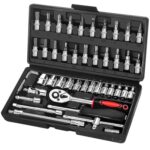 KeZaara 46 Stück Ratschenkasten Knarrenkasten Klein, Das Verchromt Werkzeugkoffer, Ratschen- und Steckschlüssel-Set Geeignet für Arbeiten an Fahrrädern und Autos, Größe 1/4"