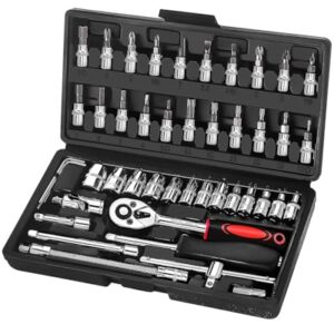 KeZaara 46 Stück Ratschenkasten Knarrenkasten Klein, Das Verchromt Werkzeugkoffer, Ratschen- und Steckschlüssel-Set Geeignet für Arbeiten an Fahrrädern und Autos, Größe 1/4"