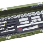 PROXXON Steckschlüsselsatz, Komplettkasten mit 1/4"-und 1/2"-Umschaltratsche sowie Schraubendrehergriff, 56-teiliges Werkzeug-Set mit Stahlkasten, 23040, 450 x 200 x 55 mm