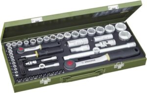 PROXXON Steckschlüsselsatz, Komplettkasten mit 1/4"-und 1/2"-Umschaltratsche sowie Schraubendrehergriff, 56-teiliges Werkzeug-Set mit Stahlkasten, 23040, 450 x 200 x 55 mm