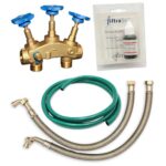 ALFILTRA FiltraSoft Anschluss-Set 1 Zoll für Pura & Basic Modelle Enthärtungsanlage – Messing-Anschlussblock mit Bypass, 2 Edelstahl-Flexschläuche 750 mm, 3 m Abwasserschlauch, Wasserhärte-Testset