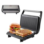 BEPER P101TOS003 Kompakter Elektrogrill, Antihaft-Platte, Toaster, Sandwiches, Fleisch, Gemüse – Selbstjustierende Platten, wärmeisolierter Griff und integrierte Kabelaufwicklung