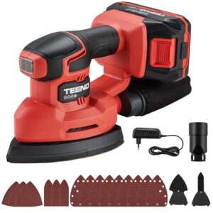 TEENO Akku Detailschleifer 20V, Multischleifer mit Staubfangsack, Deltaschleifer mit 2Ah Akku, 15 Stück Schleifpapiere,13000 U/min, für Holzmöbel, Türen, Ecken und Kanten