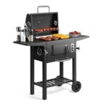 VonHaus Kompakt Holzkohlegrill BBQ- Grill mit Warmhalterost, Höhenverstellung, Temperaturanzeige, Tragbar mit Aschebehälter, Ablage, 2 Klappbaren Seitentischen und Rädern, Für Fleisch, Fisch & Gemüse