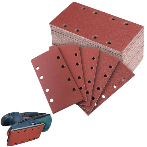 50 Stück 93 x 185mm Schleifpapier Set, 40/60/80/120/240 Körnung 8 Löcher Rechteckschleifer Zubehör mit Klettverschluss Multischleifer Schwingschleifer Sander Sandpapier für Holz Metall und Farbe