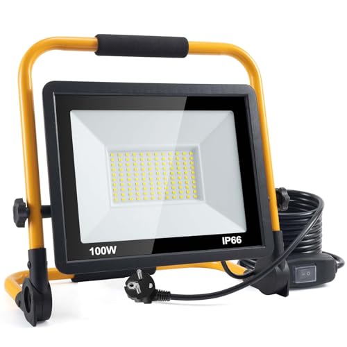 LED Baustrahler, 100W 10000LM Arbeitsleuchte, LED Arbeitsleuchte mit Stecker, IP66 Wasserdicht Baustrahler mit 4M Kabel, Tragbar für Werkstatt oder Baustelle,Garage Strahler