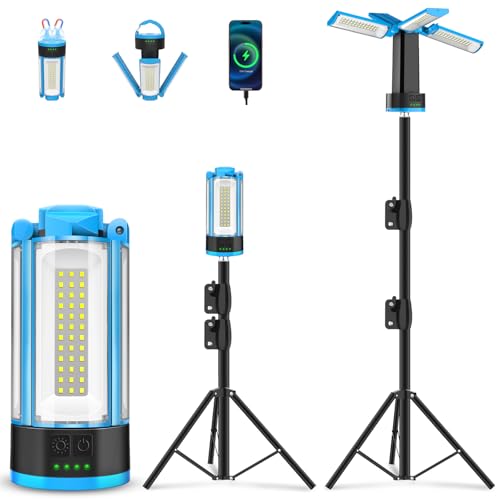 T-SUN Baustrahler LED mit Stativ, 6000K Wiederaufladbare Arbeitslicht mit 10400mAh Akku, Teleskopstativ und Tragetasche, Kabellose LED Arbeitsleuchte Akku Strahler Für Camping Garage Baustelle(Blau)