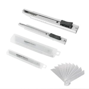 Amazon Basics Universalmesser mit automatischer Verriegelung, Zink-Legierung, 2er-Pack mit 20-teiligen zusätzlichen SK5-Klingen für präzises Schneiden, Silber