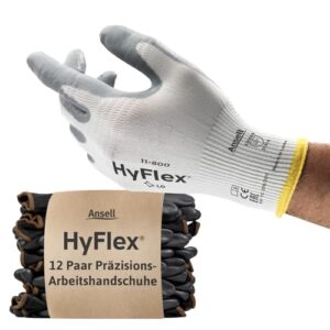 Ansell HyFlex 11-800 Professionelle Arbeitshandschuhe, Rutschfeste Nitril-Beschichtung, Industrie-Schutzhandschuhe für Mechanik, Werkstatt und Montage, Waschbare, Weiß, Größe XL (12 Paar)