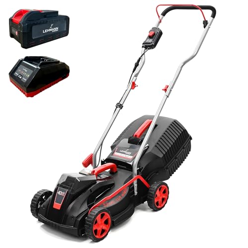 LEHMANN Akku-Rasenmäher 40V, 32 cm Schnittbreite, Rasenflächen bis 250 m², 30 L Grasfangkorb, 20-60 mm Schnitthöhe, Bürstenloser Motor, inkl. 4,0 Ah Akku + Ladegerät, Schwarz/Rot