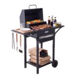 HOMAVO Holzkohlegrill mit Deckel, Grillwagen BBQ Smoker, Grillfläche: 45×32 cm, Seitentisch, Temperaturanzeige