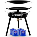 Gas Bullet ® Gasgrill mit Pfanne & Wok + 4 Kartuschen (300g) | für Schraubgaskartuschen | Auseinanderschraubbar | Campinggrill, Party-Grill für Camping, Festivals & Outdoor (Gaskocher + 4 Kartuschen)