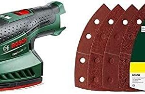 Bosch Akku Multischleifer EasySander 12 (ohne Akku, 12 Volt System, im Karton) + 25tlg. Schleifblatt Set (verschiedene Materialien, Körnung 40/80/120/180, 11 Löcher)