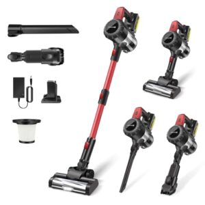 Akku Staubsauger, Akku Stabstaubsauger Kabellos, Akkusauger mit Anti Tangle Bürste, 99,999% Filterleistung Akku Autostaubsauger, 80 Minuten Laufzeit für Alle Fußböden (Rot, Akku nicht entfernbar)