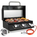 TLSUNNY 3 Brenner Gasgrill Klein, Kompakt Tischgasgrill mit Emaillierter Grillrost, Thermometer, Camping Gasgrill Tragbarer für BBQ, Balkon, Garten, 6.6kW, 60 x 33 cm Grillfläche, 4PCS Füße, Schwarz