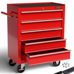 Arebos Werkstattwagen 5 Fächer | Rollwagen zentral abschließbar | kugelgelagerte Schubladen inkl. Antirutschmatten | Werkzeugwagen fahrbar 2 Rollen mit Feststellbremse | Rot