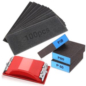 Hochwertiges Schleifpapier-Set 104-teilig - Inklusive 100x Schleifpapier, 3x Schleifschwamm und 1x Handschleifer - Körnung 60-800 - Ideal für Holz, Metall und Lack
