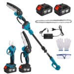 4-IN-1 Akku Hochentaster Kettensäge & Astschere mit 2m Teleskop, 8 Zoll Mini Kettensäge, 25mm/30mm Astschere, Bürstenloser Motor, 2x 3,0Ah 21V Batterie, 180° Einstellbarer Winkel