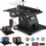 4-IN-1 Mini Tischkreissäge 350W mit LED-Voltanzeige, 0-90° Verstellbarer Bandschleifer mit 10 Schleifbänder, Doppelschleifmaschine, Multifunktionsgerät mit 7-stufig einstellbarer Geschwindigkeit
