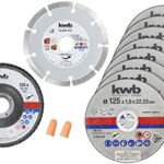 kwb Trennscheiben-Set, 10-teilig, Dünntrennscheiben, Diamanttrennscheibe, Schleifmopteller, Ø 125 mm, für Winkelschleifer, vielseitige Anwendung, praktische Aufbewahrungsdose, inkl. Gehörschutzstöpsel