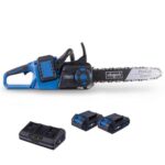 Scheppach Akku Kettensäge BC-CS355Duo-X | Schnittlänge 33,5cm | Schwertlänge 14" / 35,6cm | Schnittgeschwindigkeit 15m/s | 20V-IXES-Serie | 10 Jahre Garantie | mit 2x 2Ah Akku & Doppelladegerät