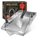 Grillplatte Plancha, 4 mm starker Edelstahlgrill für Gas- und Holzkohlegrills 40 x 30 x 4 cm, mit abnehmbarem Griff, mit 2 Grillspatel-Set,Grillgeschenke für Männer und Frauen