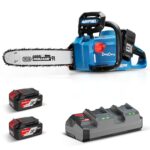 Dong Cheng Bürstenlose Akku Kettensäge 40V(2×20) V mit Oregon-Führungsschiene und Kette, werkzeuglose Kettenspannung, 38cm Schnittlänge, 14m/s Kettengeschwindigkeit für Holz und Gartenarbeit