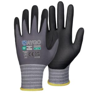 KAYGO Arbeitshandschuhe für Herren 3 Paar, Mikro Schaum Nitril beschichtet Atmungsaktiv Nylon Schutzhandschuhe, Antirutsch Grip Leicht Ölbeständig, Ideal für Auto Arbeit, KG18N (Schwarz, L, Gr 9)