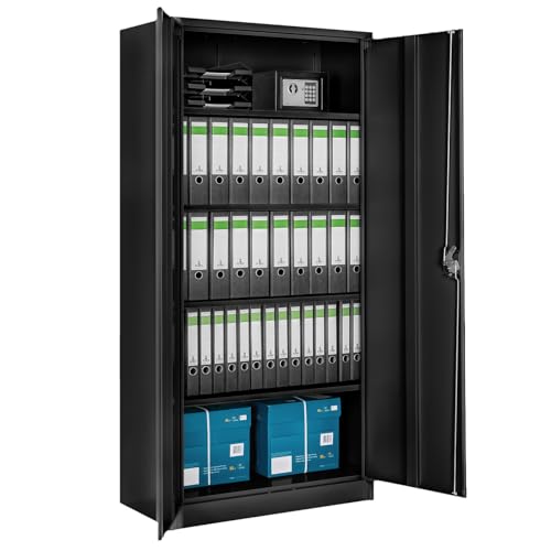 tectake® Aktenschrank, 180 x 90 x 40 cm, Büroschrank abschließbar, Mehrzweckschrank aus Stahl, Allzweckschrank, mit 2 Türen, Ink. 5 höhenverstellbare Einlegeböden, Aktenschrank abschließbar - schwarz