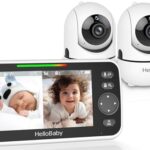 HelloBaby Babyphone mit 2 Kameras, Kein WLAN, 5" Geteilter Bildschirm, Kabelgebundene Kamera, 355°/120° Schwenken-Neige Babyphone, ECO, 2 Wege Audio, Nachtsicht, 3500 mAh Akku, 8 Schlaflieder