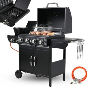 TLSUNNY 4+1 Brenner Gasgrill, Gasgrill Master mit Seitenkochfeld, BBQ Grillwagen Gas mit 2 pcs Rad, Hochleistungsbrenner, Impulszünd, mit Thermometer, Große Grillfläche, Grillküche, 4*/2.93KW + 2.33KW