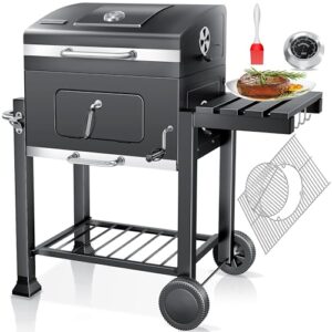 KESSER® Grill Grillwagen BBQ Smoker XL Holzkohlegrill mit Deckel, Rädern, Edelstahl-Griff, Grillrost, Thermometer, & Silikon-Pinsel, Standgrill, Kohlegrillwagen