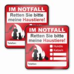 Hinweis-Aufkleber Set Haustier-Rettung I 2 Stück I 8 x 8 cm I Im Notfall retten Sie bitte meine Haustiere! I zum Ausfüllen I für Haus-Tür Kühlschrank und Auto I hin666