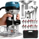 Holzfräse Oberfräse Trimmer, 1000W 30000 U/min Kantenfräse Einhandfräse fräsmaschine mit 6 Geschwindigkeit, Hand Holz Fräse Set mit 15 Stück 1/4" Fräser zum Fasen, Nuten, Schneiden, Bohren