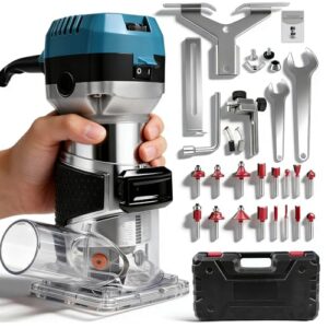 Holzfräse Oberfräse Trimmer, 1000W 30000 U/min Kantenfräse Einhandfräse fräsmaschine mit 6 Geschwindigkeit, Hand Holz Fräse Set mit 15 Stück 1/4" Fräser zum Fasen, Nuten, Schneiden, Bohren