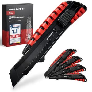 HASKYY Cuttermesser Teppichmesser Universal Professional Set 5x Cutter Messer 18mm mit Extra scharfer SK5 Klinge, Ergonomisch geformter Körper mit Gummirillen & Sicherer Klingenwechsel