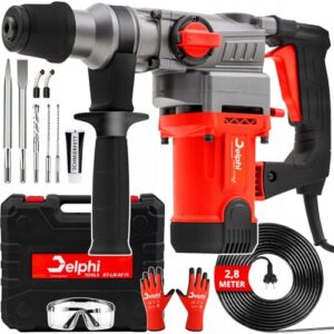 Delphi SDS Plus Bohrhammer 2200W - Abbruchhammer & Schlagbohrmaschine SDS+ Bohrfutter, 3 Funktionen in einem Werkzeug 880 U/Min Bohr-Meißel-Set Zubehör & Koffer