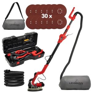 LEHMANN Trockenbauschleifer 1800W - Schleifteller Ø225mm - Schleifgiraffe mit LED-Licht und Teleskopstiel verstellbar - Wand und Deckenschleifer mit Absaugung - inkl. 30 Schleifscheiben & Koffer