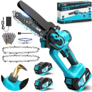 Bluebow Mini Akku Kettensäge - 6 Zoll Starker Brushless 8000mAh Akku Kettensäge mit Automatischer Öler, Sicherheitsschloss, Ersatzkette, Elektro Handkettensäge für Gartengeräte Astsäge