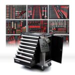 Mephisto XXL Werkzeugwagen Werkstattwagen mit 8 Schubladen davon 8 mit Werkzeug wie Schraubenschlüssel, Ratsche mit Nusskasten, Ringschlüssel-Set usw. in Soft Inlays in Carbon Lock gefüllte Schubladen