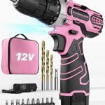 Akkuschrauber 12V Pink Rosa, Akkubohrer Klein, Akku Bohrschrauber Set mit 15 Zubehör und Tasche, 18+1 Drehmomentstufen, 10mm Bohrfutter, 2-Gang, LED-Licht, Leicht Akku Schrauber für Reparatur & DIY