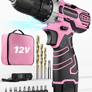 Akkuschrauber 12V Pink Rosa, Akkubohrer Klein, Akku Bohrschrauber Set mit 15 Zubehör und Tasche, 18+1 Drehmomentstufen, 10mm Bohrfutter, 2-Gang, LED-Licht, Leicht Akku Schrauber für Reparatur & DIY